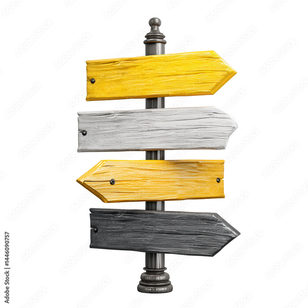 Multiple wooden arrows point in different directions on a metal signpost.