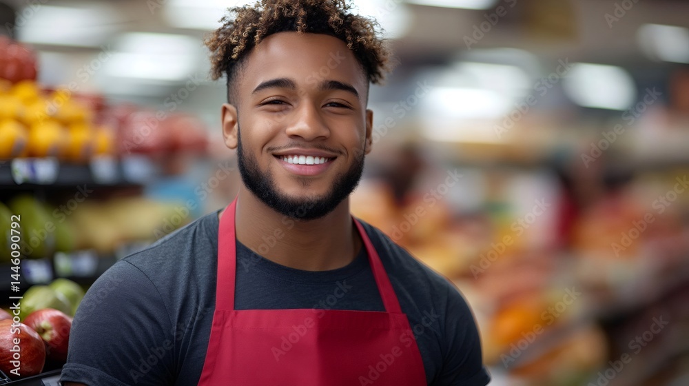 Young grocery store employee smiling near fresh produce display