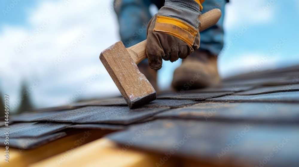 Roofer installing asphalt shingles using hammer on rooftop