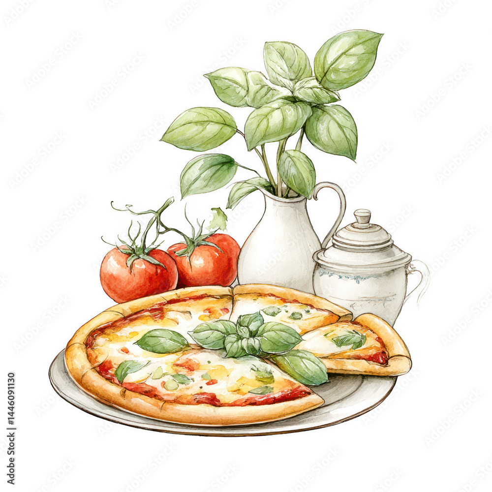 Watercolor illustration depicts delicious pizza with basil and tomatoes art.