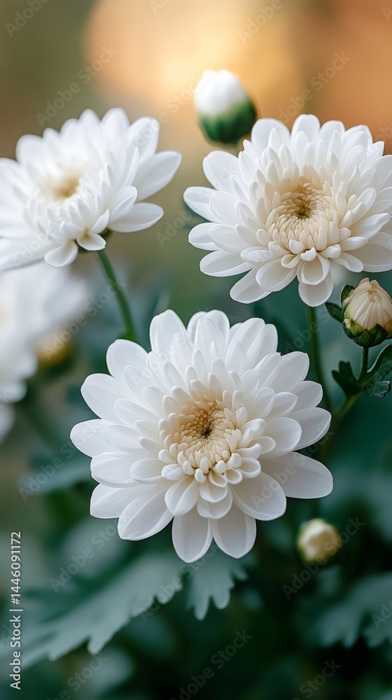 White chrysanthemum flowers blooming in soft sunlight