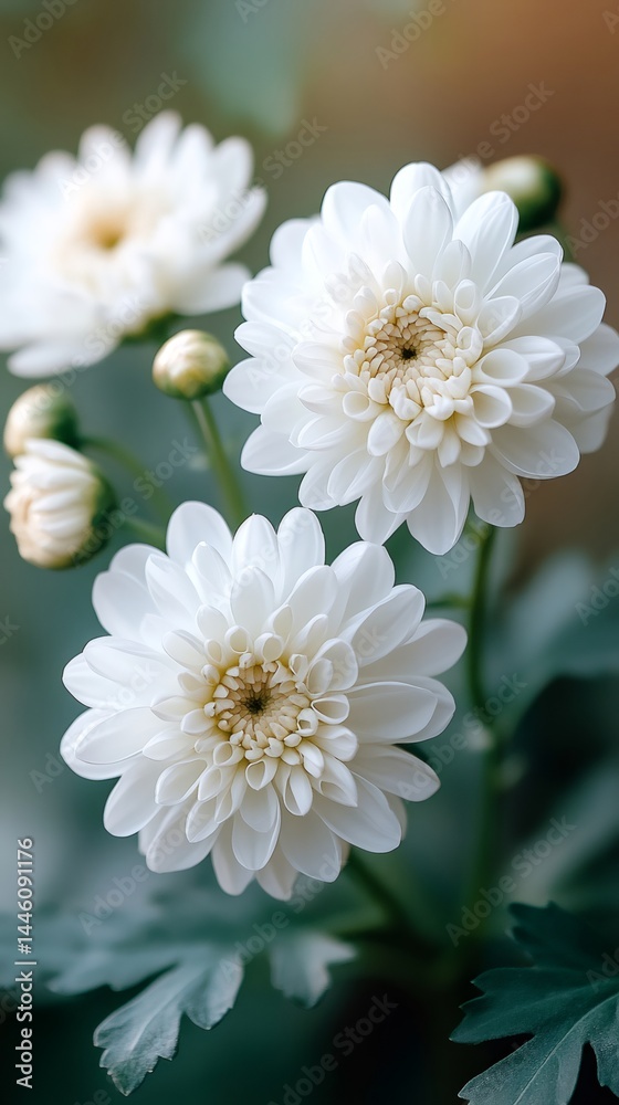 Delicate white chrysanthemum flowers blooming in soft light