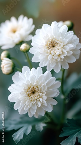 Obraz na płótnie Delicate white chrysanthemum flowers blooming in soft light w salonie