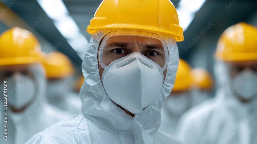 Industrial workers wearing protective suits and masks in factory setting