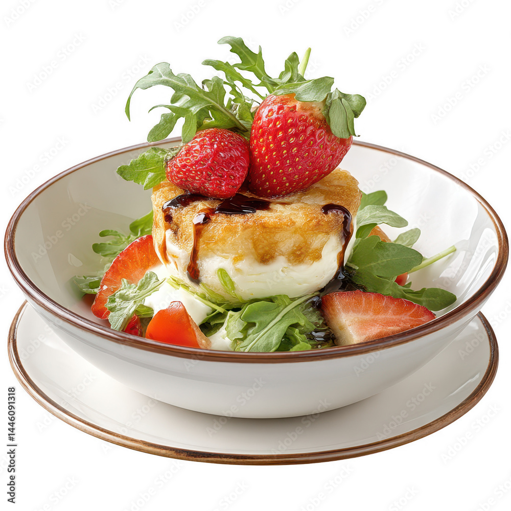Delicious fried brie cheese with fresh strawberries arugula and balsamic glaze.