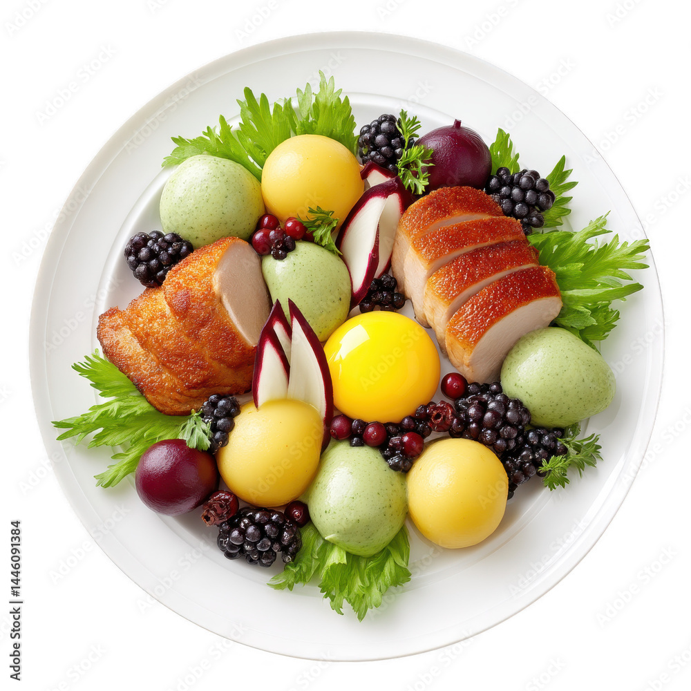 Festive roast chicken dish with colorful fruits on a white plate display.