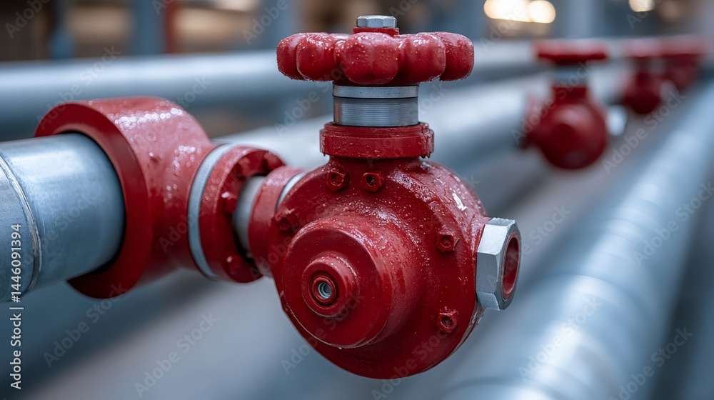 Red valve controlling industrial pipeline flow