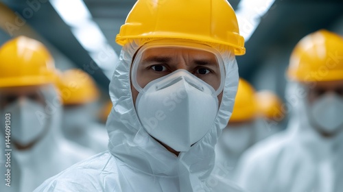 Obraz na płótnie Industrial workers wearing protective suits and masks in factory setting w salonie