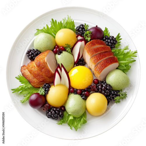 Obraz na płótnie Festive roast chicken dish with colorful fruits on a white plate display. w salonie