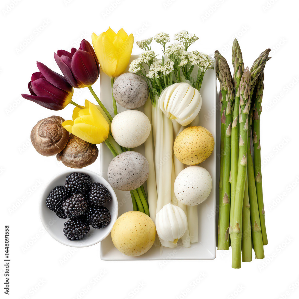 Elegant arrangement of white asparagus, flowers, fruit, and bath bombs.
