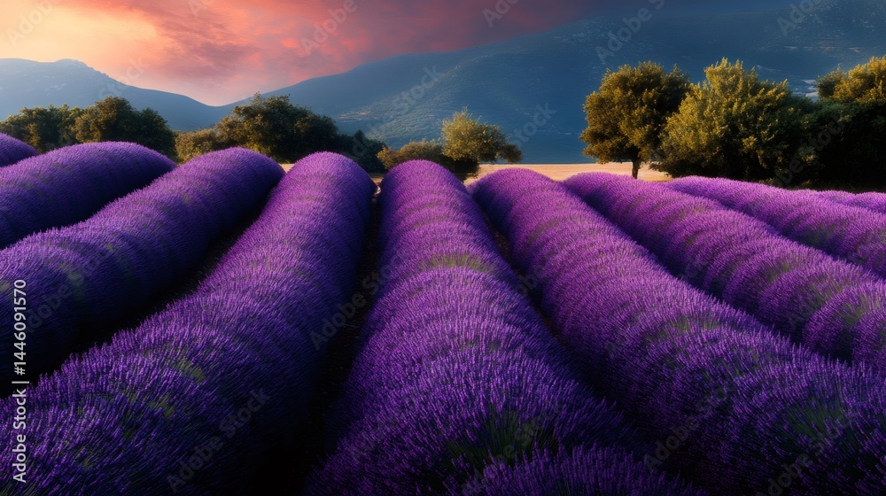 Blooming lavender field at sunset in provence, france