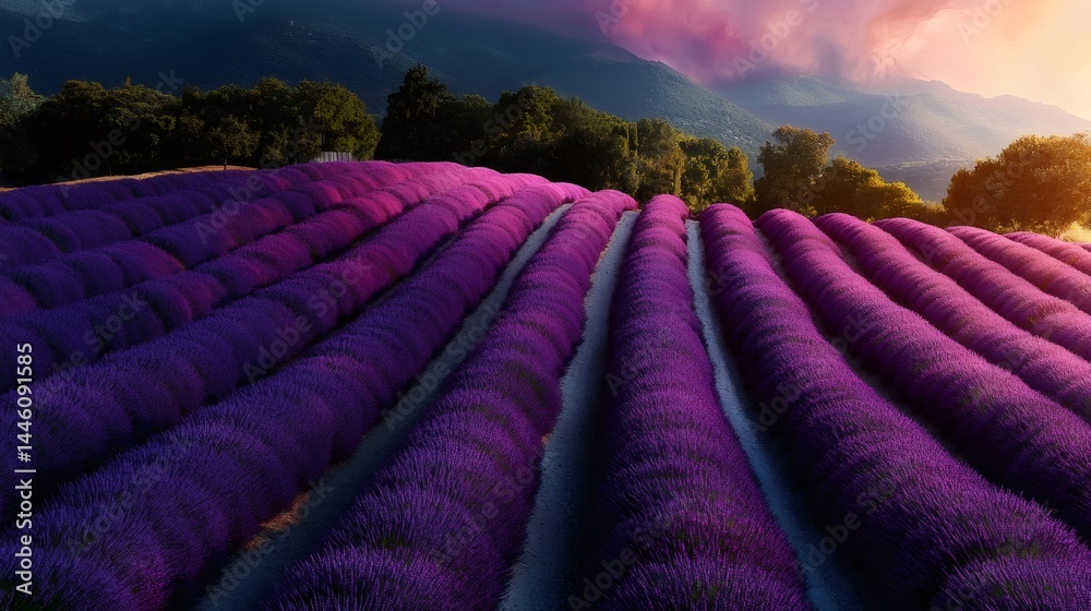Blooming lavender field creating a stunning landscape at sunset in provence