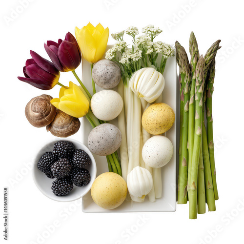 Obraz na płótnie Elegant arrangement of white asparagus, flowers, fruit, and bath bombs. w salonie