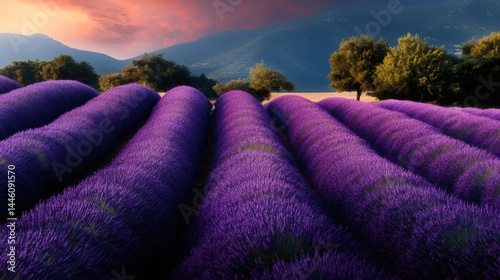 Obraz na płótnie Blooming lavender field at sunset in provence, france w salonie