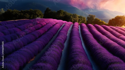Obraz na płótnie Blooming lavender field creating a stunning landscape at sunset in provence w salonie