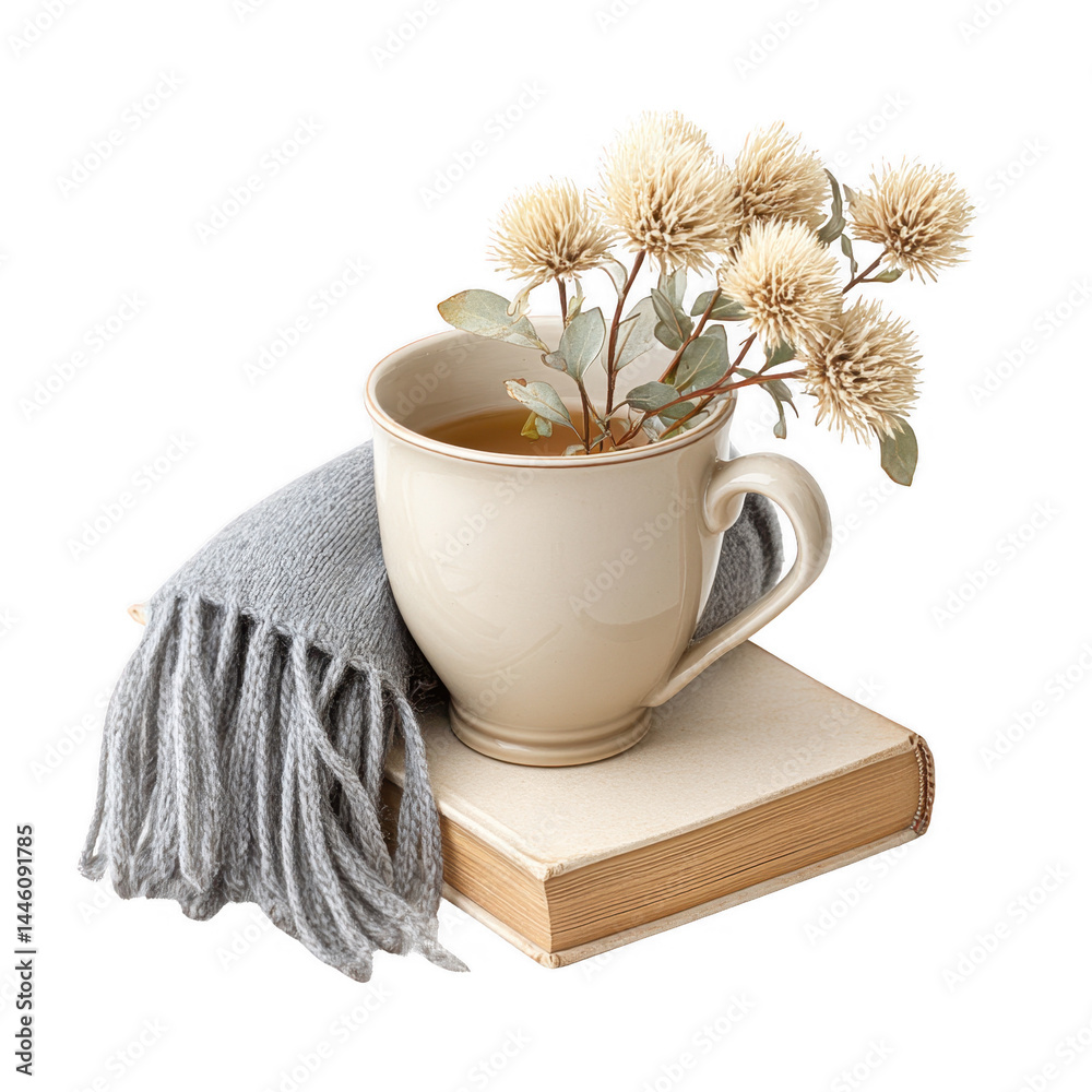 A beige mug with flower arrangement rests on an old book and gray scarf.