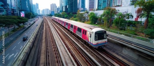 City Train on Elevated Tracks Urban Transportation Photo photo