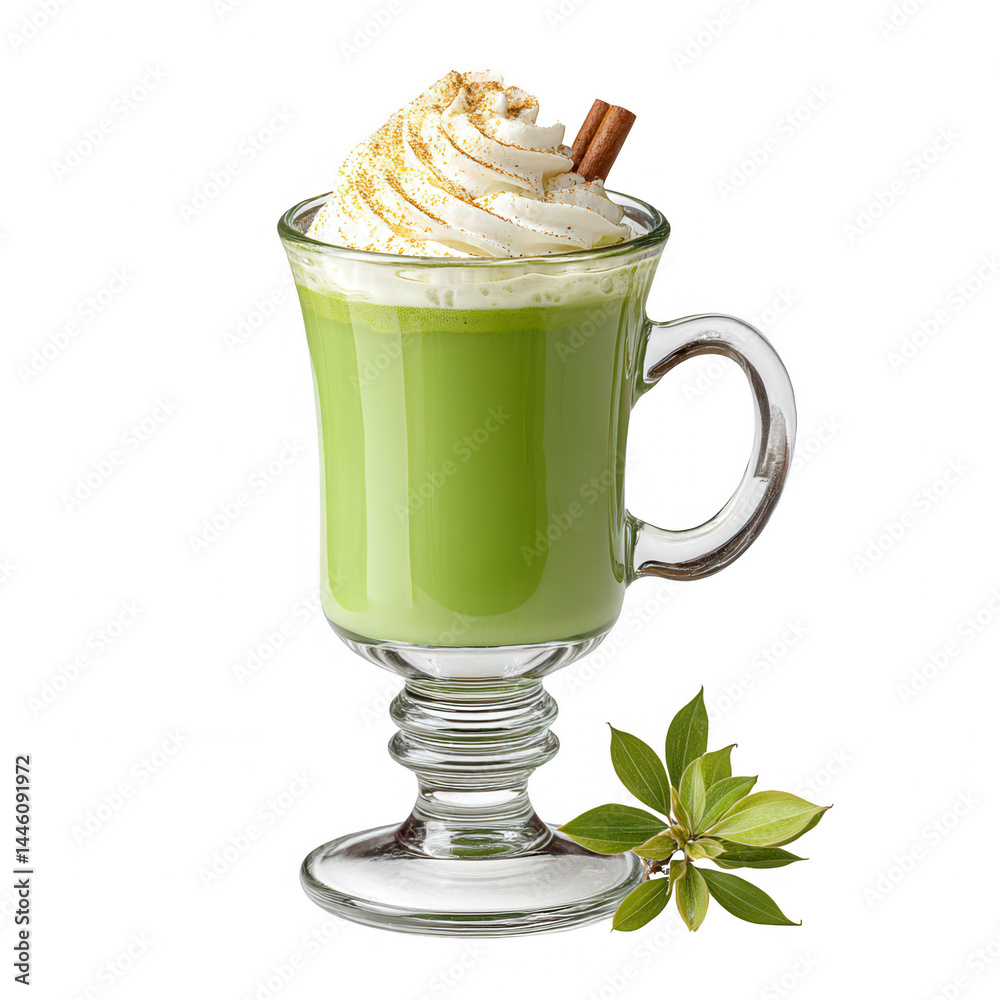 A refreshing matcha latte is topped with whipped cream and cinnamon stick