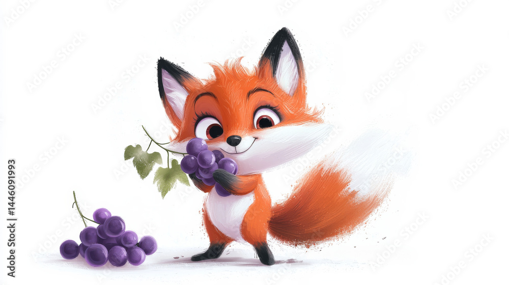 Fototapeta premium Playful Cartoon Fox Holding Grapes in a Cheerful Expression of Joy
