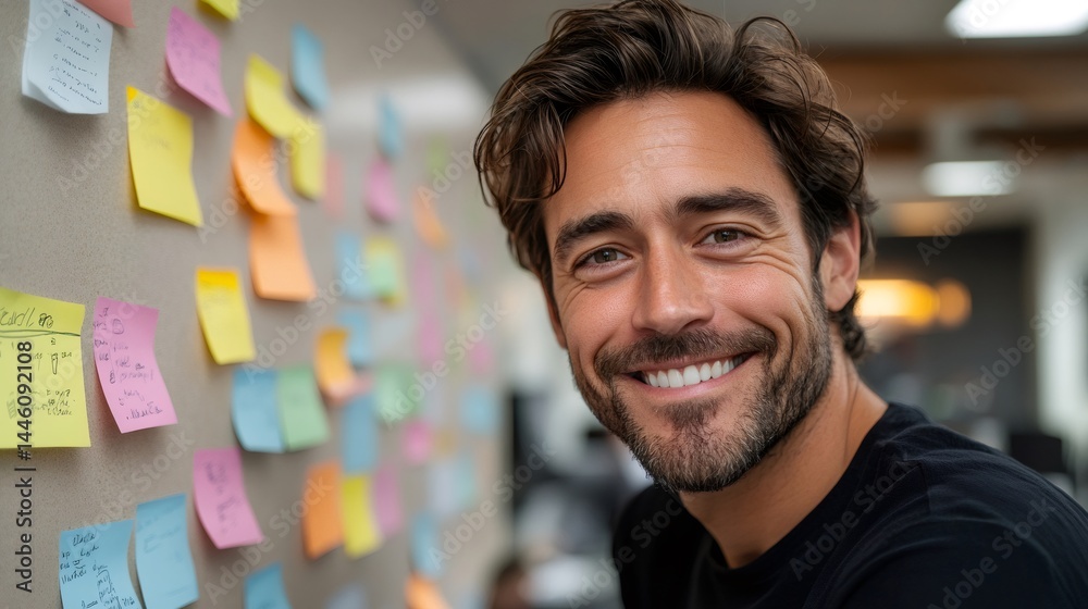 Startup founder smiling next to a wall with colorful sticky notes