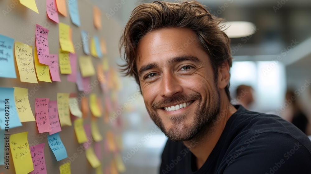 Creative man smiling near a kanban board at the office