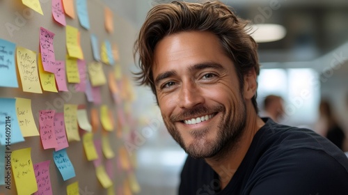 Obraz na płótnie Creative man smiling near a kanban board at the office w salonie