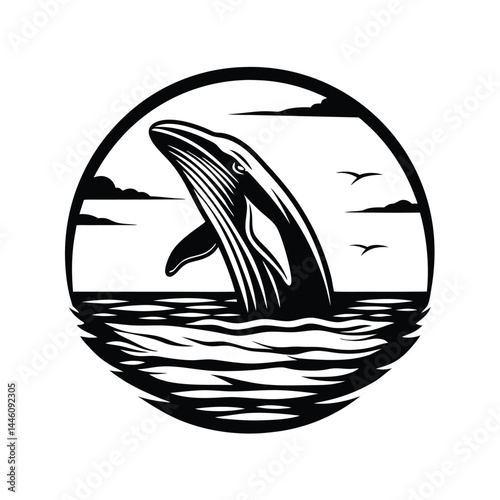 Monochrome Whale Breaching Water in Circular with Birds and Clouds Silhouette