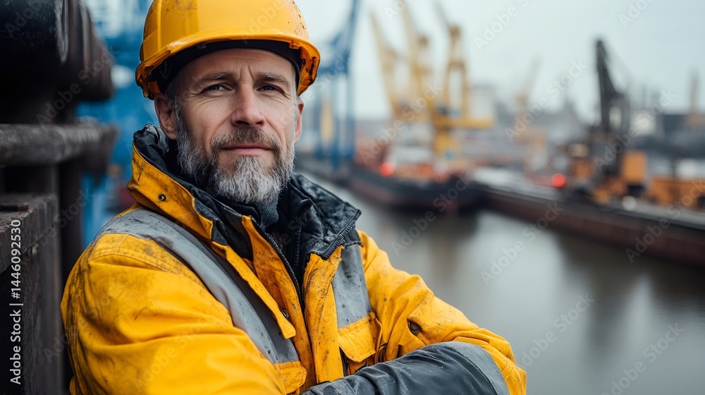 Dockworker wearing hardhat posing with folded arms in shipyard
