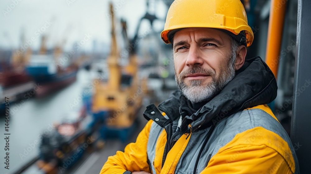 Dockworker wearing hardhat supervising cargo operations in port