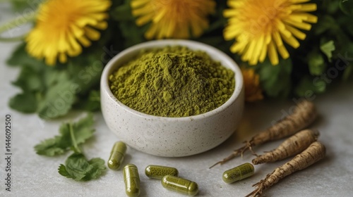 A minimalistic arrangement featuring capsules, dandelion powder in a bowl, dandelion flowers, and roots on a light surface