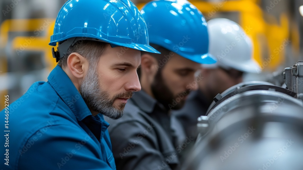 Engineers working on industrial machinery in factory
