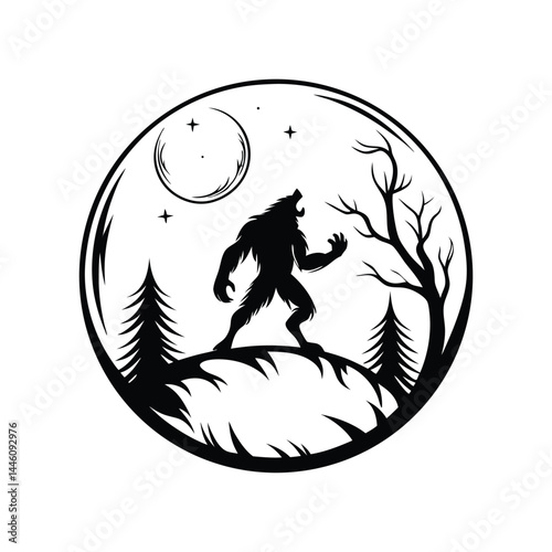 Werewolf Silhouette Howling at Moon in Forest Scene, Isolated on White Background