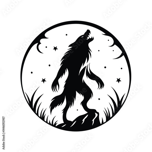 Howling Werewolf Silhouette, Full Moon, Night Scene, Stars, Fantasy Creature, Monochrome