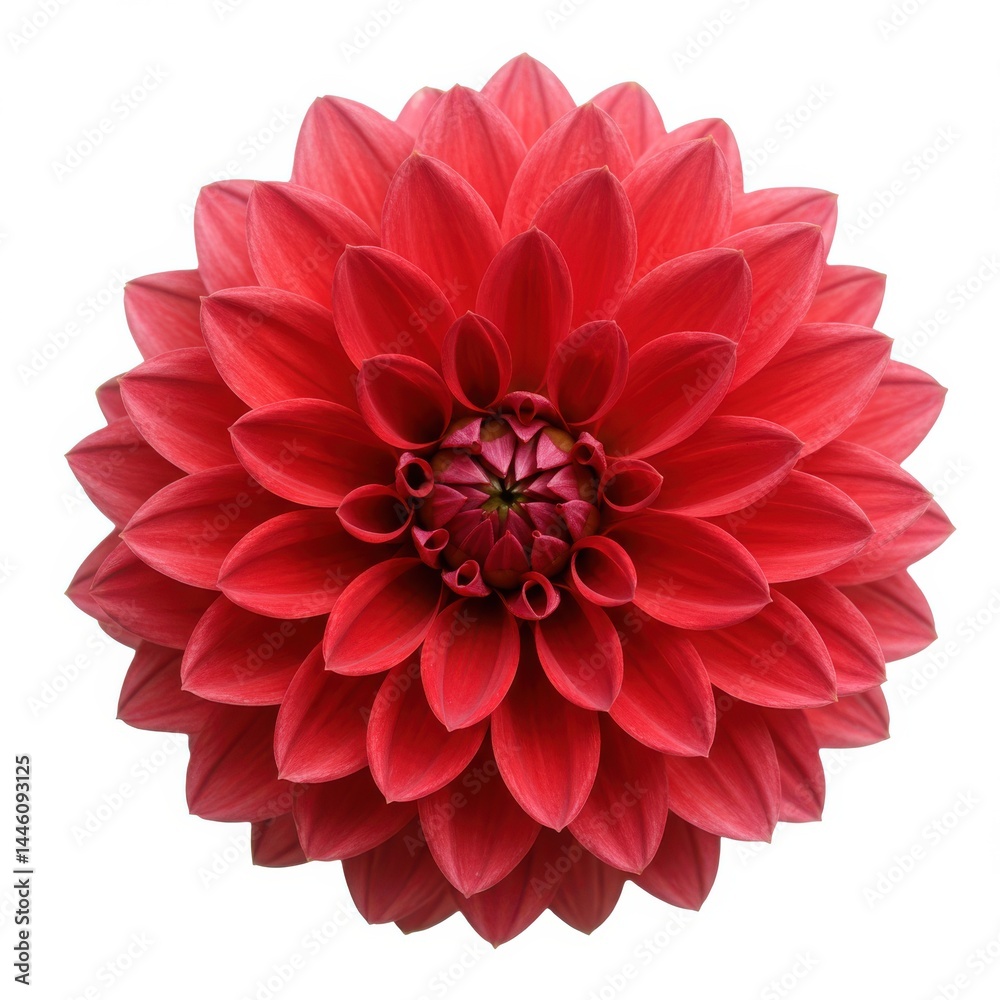 Close up of a vibrant red dahlia flower with many petals isolated on a white background in full bloom Close up of a vibrant red dahlia flower with many petals isolated on a white background in full bloom