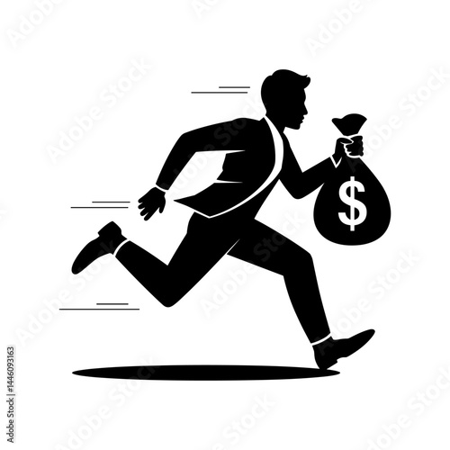 Wealth Pursuit Silhouette: An emblematic representation of financial ambition, a determined figure strides forward carrying a symbol of wealth.