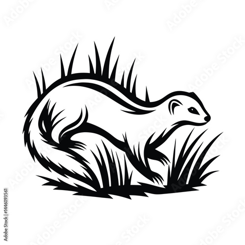 Mongoose Silhouette Wildlife Illustration, Bushy Tail, Sharp Black and White Art