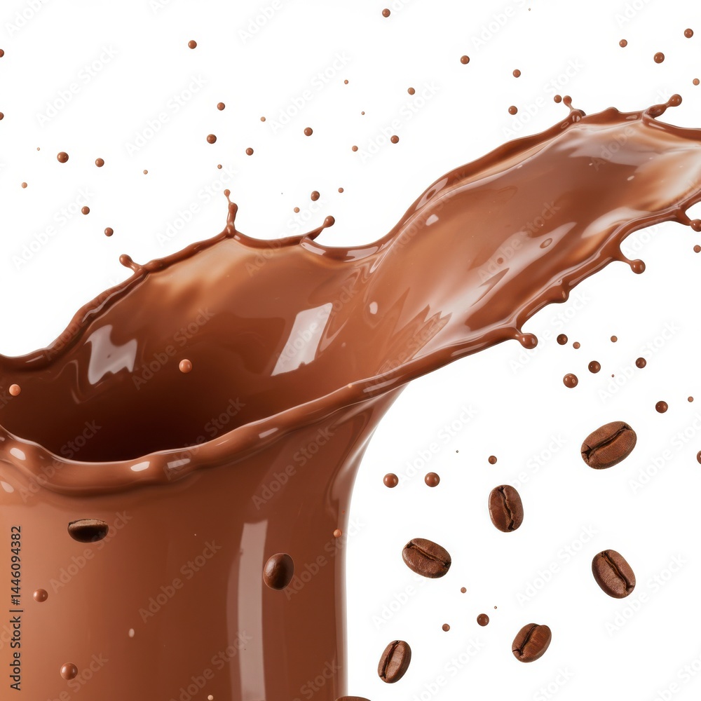 A close up view of chocolate liquid splashing with coffee beans on a white background studio shot A close up view of chocolate liquid splashing with coffee beans on a white background studio shot