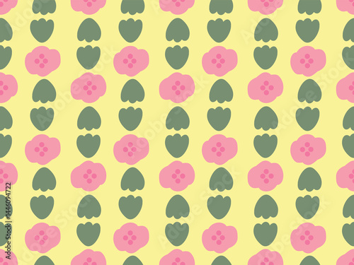Pink  flowers and green leaves . Cute and lovely seamless vector pattern for design and decoration .