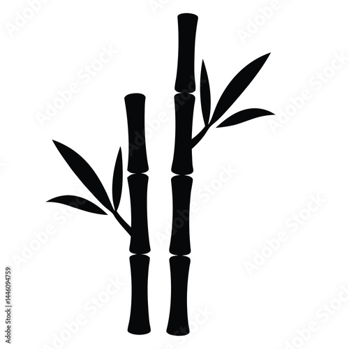 Silhouette illustration of two black bamboo stalks with leaves on white
