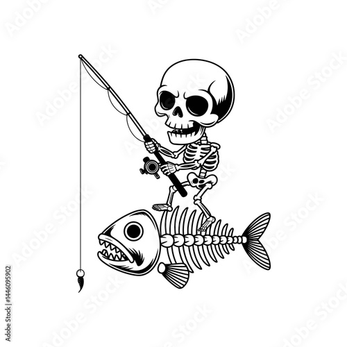 Whimsical Angler's Catch: A skeletal figure embarks on a surreal fishing trip, riding a skeletal fish against a clean backdrop, creating an image of fun, spooky, and playful nature.