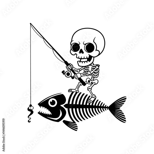 Skeleton Fishing Adventure: A playful and imaginative illustration presents a skeletal figure skillfully fishing while perched atop a fish skeleton, ready for the thrill of the catch.