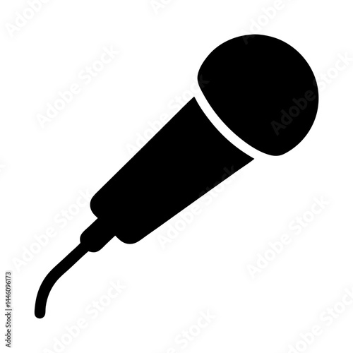 A simple black and white illustration of a classic microphone icon
