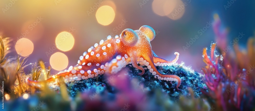 Fototapeta premium Enchanted Octopus: A mesmerizing underwater portrait of a vibrant octopus amidst colorful coral reefs, bathed in soft, ethereal light.