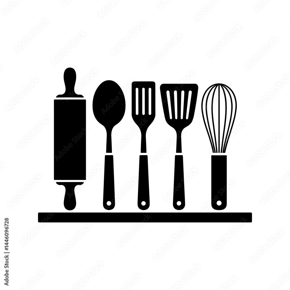 Fototapeta premium Kitchen Utensil Set Icon: A set of five essential kitchen utensils, including a rolling pin, spoon, spatula, turner, and whisk, are neatly arranged on a shelf.