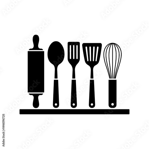 Kitchen Utensil Set Icon: A set of five essential kitchen utensils, including a rolling pin, spoon, spatula, turner, and whisk, are neatly arranged on a shelf.