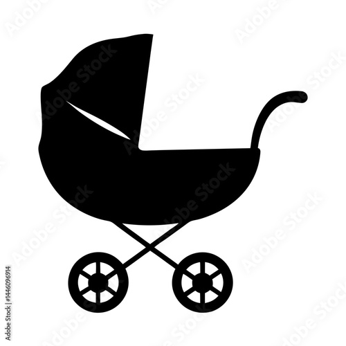 Silhouette of a classic baby stroller or pram with a hood and wheels