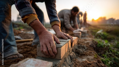 Close-up of workers laying bricks on construction site during sunset with blurred workers in background photo