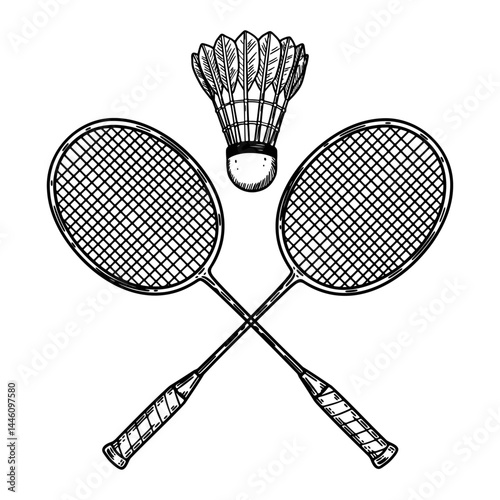 crossed badminton rackets and shuttlecock sketch