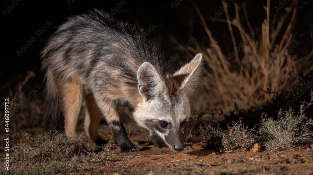 Fototapeta premium Nocturnal Cape Fox Foraging in Arid Bushveld at Night