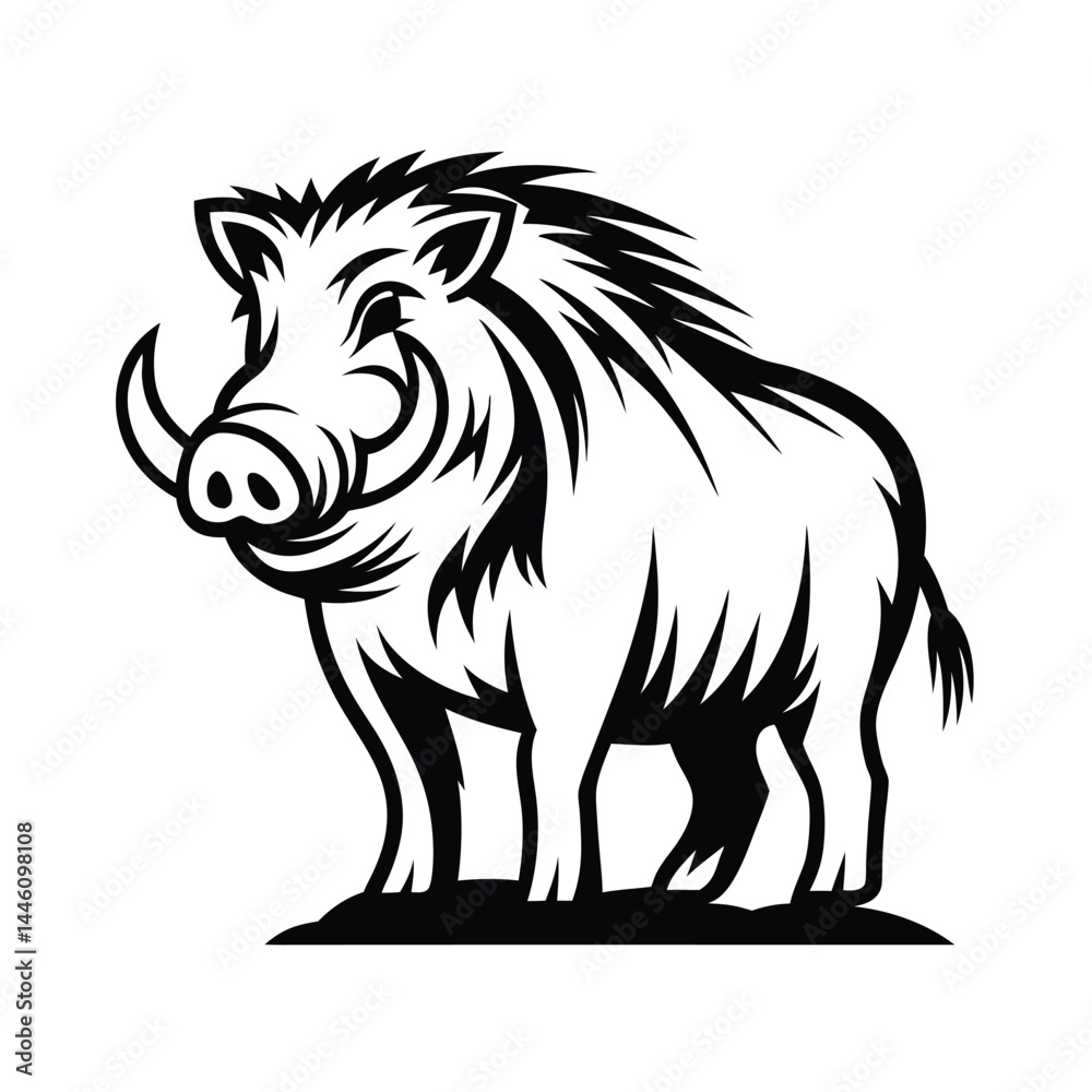 Fototapeta premium Minimalist Boar Illustration, Isolated Standing Wild Hog, Animal Silhouette,Tusks Outline